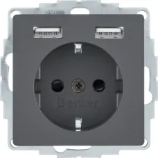 Розетка Berker Q.1/Q.3/Q.7 з заземленням + 2 USB 2.4A антрацит 48036086
