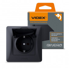 Розетка VIDEX одинарна із заземленням та кришкою BINERA чорний графіт IP20