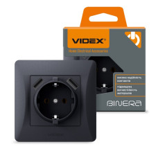 Розетка VIDEX одинарна із заземленням та 2USB BINERA чорний графіт IP20