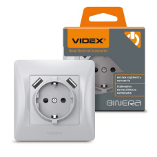 Розетка VIDEX одинарна із заземленням та 2USB BINERA срібний шовк IP20