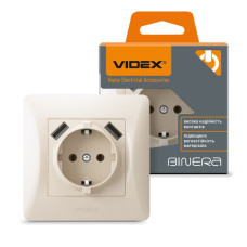 Розетка VIDEX одинарна із заземленням та 2USB BINERA кремова IP20